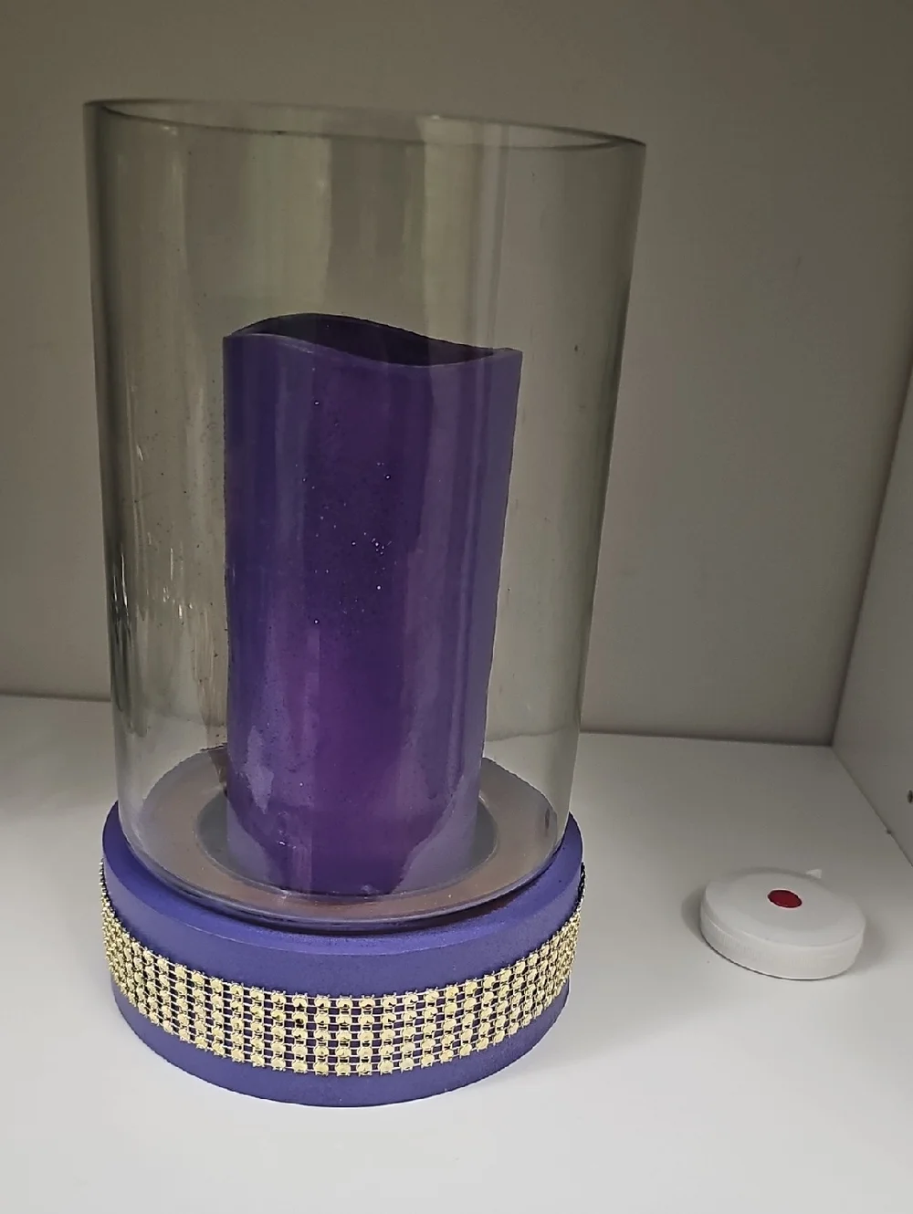 Purple Decorative Glass Hurricane Candle Holder w Embellished Base 8.5